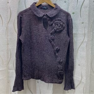 Bleu de SYM Floral Applique Sweater Women 42 Purple Excellent Mohair Blend Knit